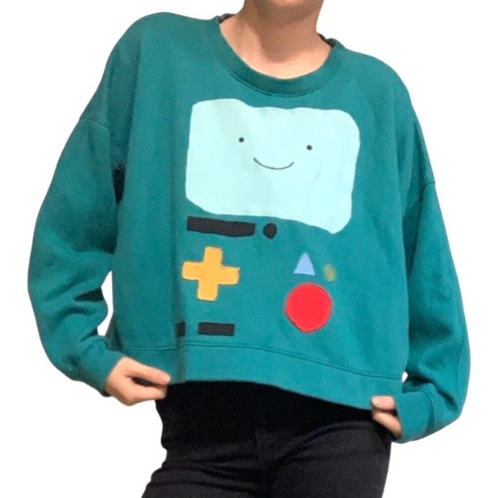 Custom Upcycled BMO Adventure Time Teal Crewneck Sweatshirt – Medium